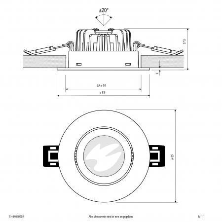 EVN EH44060902 COMPACTO68 DOB-LED Deckeneinbauleuchte 6W 3000K schwarz schwenkbar IP44 Einbaudurchmesser 68 mm