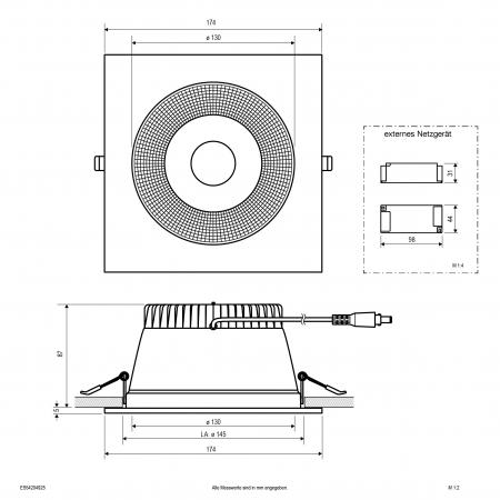 EVN ES54204925 LED Deckeneinbauleuchte quadratisch 20W 3000K/4000K/5700K weiß Notlicht IP54 Einbaudurchmesser 145 mm