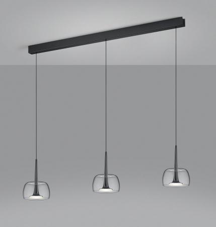 3-flammige Helestra FLUTE LED Pendelleuchte in schwarzchrom mit blendfreier Satinierung aus Acrylglas