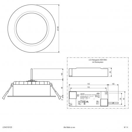 EVN LD54150125 LED Deckeneinbauleuchte | 15 W | 1380–1580 lm | 3000–5700 K | Ø 145 mm | DALI/DALI-2 dimmbar | Einbaudurchmesser 120 mm