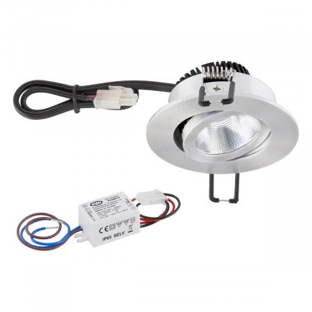 EVN P-LED Decken-Einbaustrahler mit warmweißem Licht & hoher Farbwiedergabe dimmbar  rund schwenkbar alu pol. (STL) IP20 3W 3000K 300lm 90Ra EinbauØ68