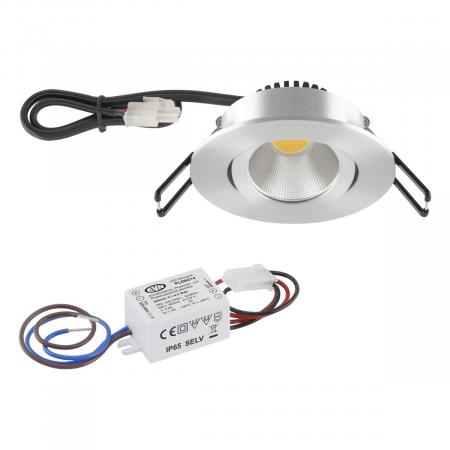 EVN P-LED Decken-Einbaustrahler mit warmweißem Licht & hoher Farbwiedergabe dimmbar rund schwenkbar alu pol. (STL) IP20 3W 2700K 280lm 90Ra EinbauØ68