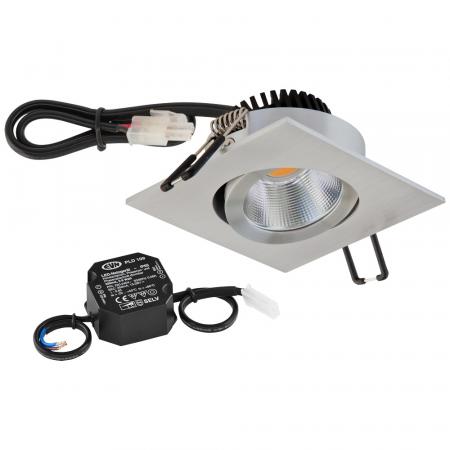 EVN P-LED Decken-Einbaustrahler mit warmweißem Licht dimmbar quad. schwenkbar alu pol. (STL) IP20 8.4W 3000K 90Ra EinbauØ68
