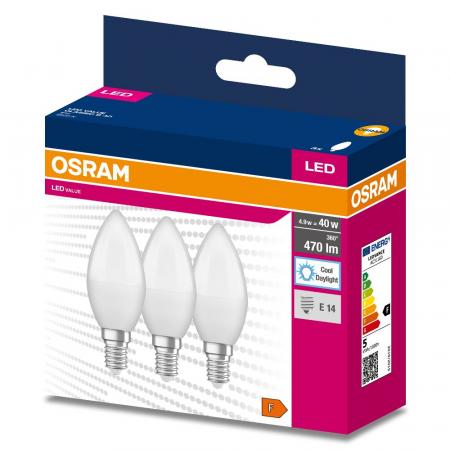 3er Pack OSRAM E14 LED Lampen VALUE CLAS B 40 in Kerzenform matt 4,9W wie 40W kaltweißes Licht 6500K