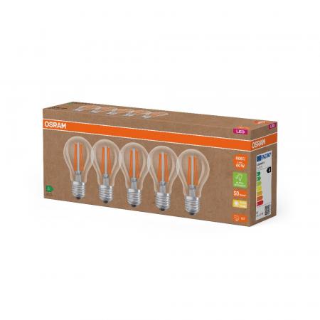 5er Set OSRAM E27 LED Lampe Classic klar 3,8W wie 60W warmweißes Licht 2700K - Energy efficiency class A - besonders effizient