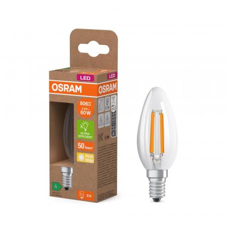 Osram E14 LED Kerzenlampe CLASSIC besonders effizient klar 3,8W wie 60W 2700K warmweißes Licht - Sehr gute Energieeffizienz
