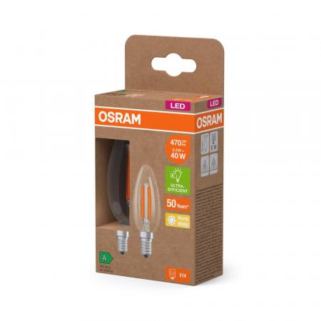 2er Set Osram E14 LED Kerzenlampe CLASSIC besonders effizient klar 2,2W wie 40W 2700K warmweißes Licht - Sehr gute Energieeffizienz