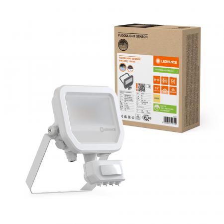 LEDVANCE Muliti Select weißer LED Fluter FL10 SN mit Sensor 8 W / 6 W 3000K warmweißes Licht - wählbare Wattageneinstellung (Multi Lumen)