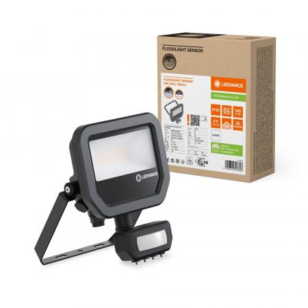 LEDVANCE Muliti Select schwarzer LED Fluter FL10 SN mit Sensor 8 W / 6 W 4000K neutralweißes Licht - wählbare Wattageneinstellung (Multi Lumen)
