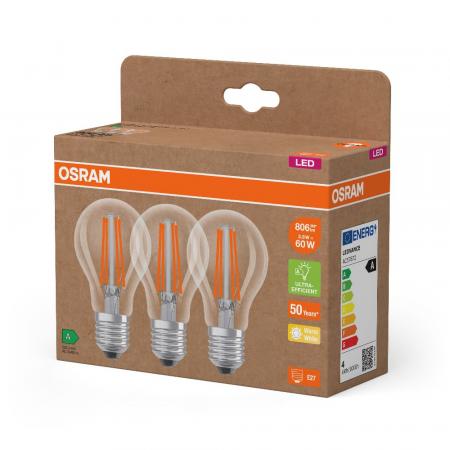 3er Set OSRAM E27 LED Lampe Classic klar 3,8W wie 60W warmweißes Licht 2700K - Energy efficiency class A - besonders effizient