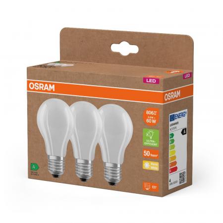 3er Set OSRAM E27 LED Lampe Classic matt 3,8W wie 60W warmweißes Licht 2700K - Energy efficiency class A - besonders effizient