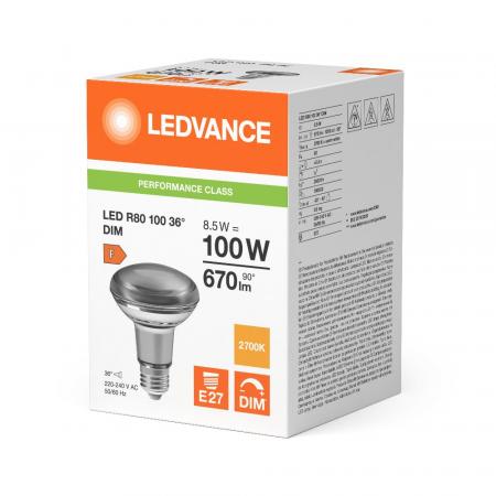 Ledvance E27 R80 Reflektorlampe 36° 8,5W wie 100W dimmbarer Strahler mit warmweißem Licht 2700K
