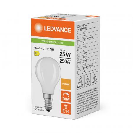 Ledvance E14 LED Tropfenlampe Classic matt dimmbar 1,8W wie 25W 2700K warmweißes Licht