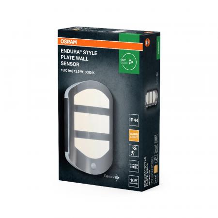 OSRAM  ENDURA Style Plate WALL Sensor Wandleuchte 12,5W Warmweiß in moderner Edelstahloptik mit Sensor und indirektem Licht, für Eingangsbeleuchtung und Fassaden