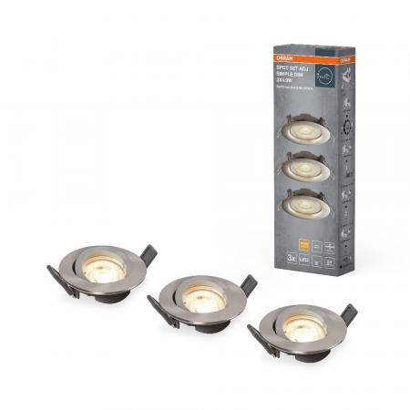 3er-Pack OSRAM LED Einbauleuchten Nickel gebürtet 2700k warmweißes Licht - dimmbar über Wandschalter,  mit integriertem LED-Modul und Treiber, IP20-Schutz, für Innenraumanwendungen