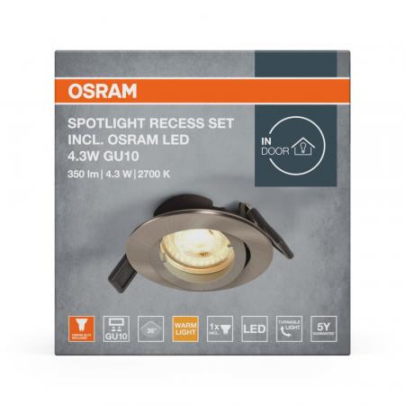 OSRAM Spotlight Recess Set Incl. Osram LED 4.3W GU10 Brushed Nickel aus Aluminium gebürstet mit warmweißem Licht in Nickeloptik