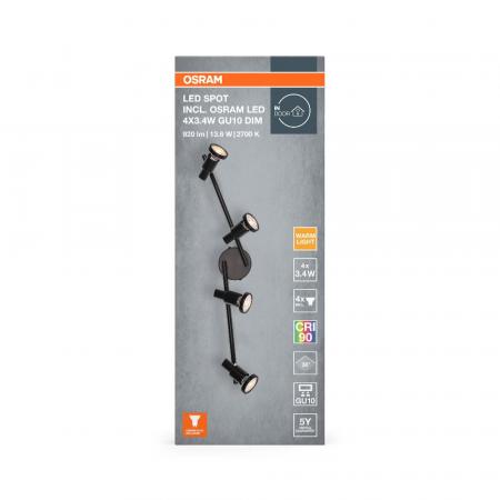 OSRAM LED SPOT GU10 4er Deckenstrahler dimmbar Schwarz 2700K warmweiße Lichtfarbe - hohe farbwiedergabe