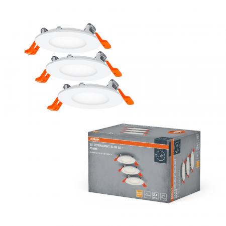 3er Set OSRAM Downlight ultra slim ø8cm LED-Einbauleuchte 4.5W Warmweißes Licht Weiß - mit integriertem Treiber, schmal, IP20, für diverse Innenraumanwendungen, inkl. Montagezubehör
