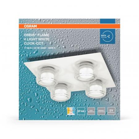 OSRAM Orbis Flame 5.5W Click CCT IP44 Deckenlampe 4-flg, in weiß - auch fürs Badezimmer - mit umschaltbarer Farbtemperatur
