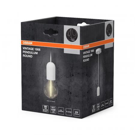 OSRAM VINTAGE 1906 PenduLum ROUND Ø 12 cm Weiß aus Gips/ Stahl - Schlichte Pendelleuchte mit stoffummanteltem Kabel und E27 Fassung ohne Leuchtmittel