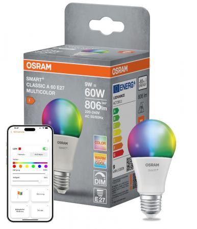 OSRAM SMART+ MATTER Classic A60 LED-Lampe 9W Multicolor E27 2700-6500K - steuerbar per App & Sprache, kompatibel mit Alexa, Google, Apple, WiFi
