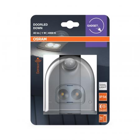 OSRAM LED Außenwandleuchte Door in Silber mit Sensor IP54 4000K neutralweißes Licht - batteriebetrieben inkl 3 Batterien AA, für Eingangsbereiche und Außenanwendungen