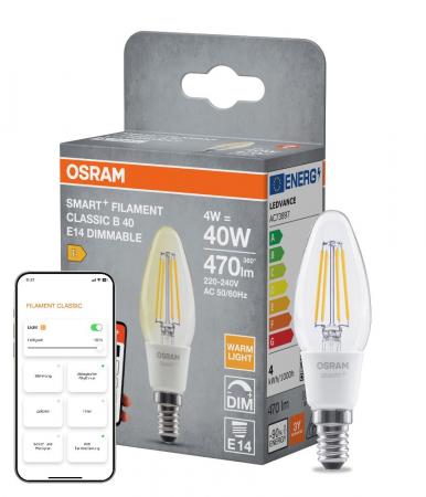 OSRAM E14 SMART+ MATTER Classic B40 Kerze warmweiß 4W wie 40W dimmbar - kompatibel mit Alexa, Google Home, Matter über WiFi