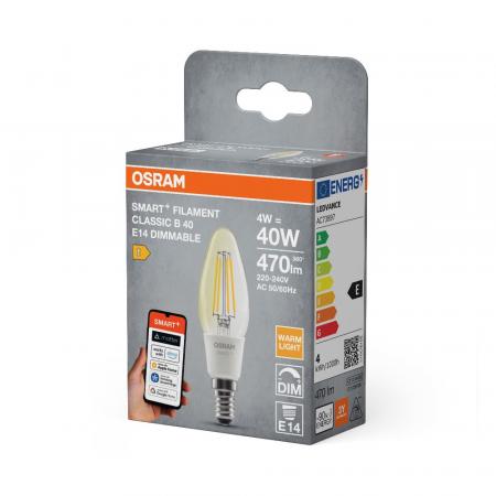 OSRAM E14 SMART+ MATTER Classic B40 Kerze warmweiß 4W wie 40W dimmbar - kompatibel mit Alexa, Google Home, Matter über WiFi
