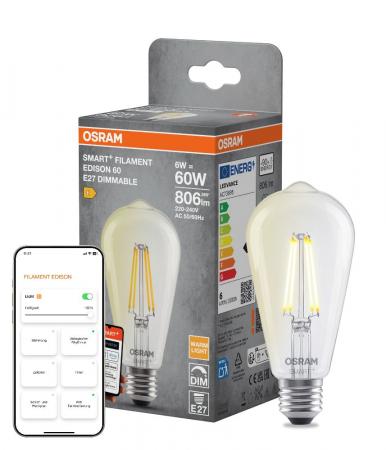 OSRAM SMART+ MATTER LED Leuchtmittel Kolbenform 6W Wie 60W warmweiß klar