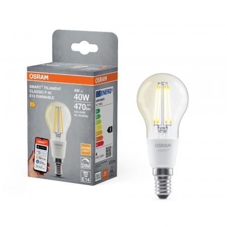 OSRAM E14 SMART+ MATTER Classic P40 4W wie 40W Glühlampe dimmbar warmweiß 2700K - steuerbar mit App oder per Sprache, Matter-fähig