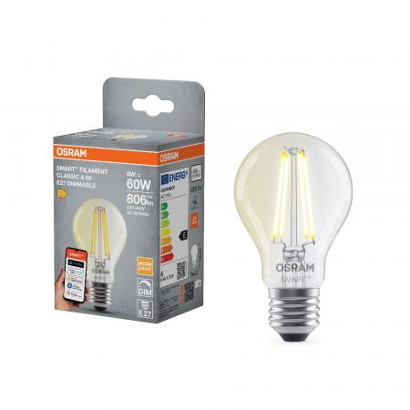 Osram E27 SMART+ MATTER CLASSIC Lampe A60 6W Warmweiss - dimmbar, steuerbar mit App oder Sprachassistent, Matter kompatibel