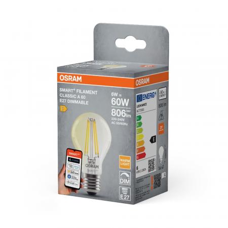 Osram E27 SMART+ MATTER CLASSIC Lampe A60 6W Warmweiss - dimmbar, steuerbar mit App oder Sprachassistent, Matter kompatibel