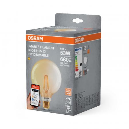 OSRAM E27 SMART+ MATTER Globe Lampe 6W wie 53W extra warmweiß Filament - dimmbar, steuerbar über App oder Sprache, kompatibel mit Matter