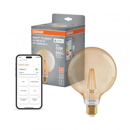 OSRAM E27 SMART+ MATTER Globe Lampe 6W wie 53W extra warmweiß Filament - dimmbar, steuerbar über App oder Sprache, kompatibel mit Matter