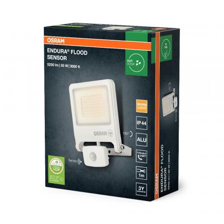 Osram Endura Flood Sensor LED 50W Fluter Floodlight IP44 weiss 3000K warmweißes Licht zur Außenbeleuchtung
