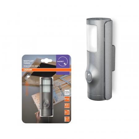 OSRAM  bMobiles Nachtlicht NIGHTLUX Torch Silber mit Sensor IP54 Silber - 2in1 Taschenlampen-Funktion, Lichtsensor, Bewegungsmelder, batteriebetrieben, IP54 spritzwassergeschützt