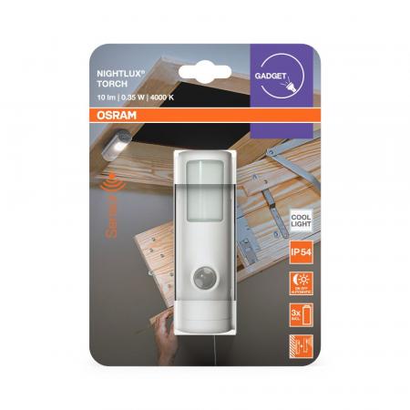 OSRAM NIGHTLUX TORCH BATTERIEBETRIEBENE MULTIFUNKTIONSLEUCHTE MIT SENSOR UND WANDHALTERUNG, IP54 spritzwassergeschützt
