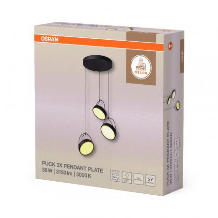 Osram 3-flammige Pendelleuchte Decor Puck aus Stahl in Schwarz mit warmweißem Licht