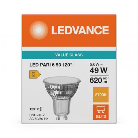 Ledvance GU10 PAR16 Reflektor 120°-Ausstrahlwinkel 5.6W wie 49W 2700K warmweiß