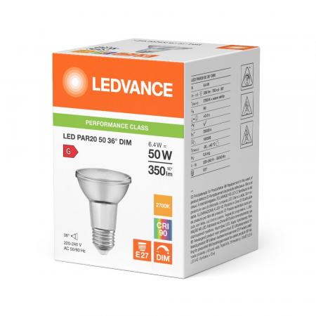 Ledvance E27 PAR20 Reflektorlampe 36° 6,4W wie 50W dimmbarer Strahler mit warmweißem Licht 2700K hohe Farbwiedergabe 90Ra