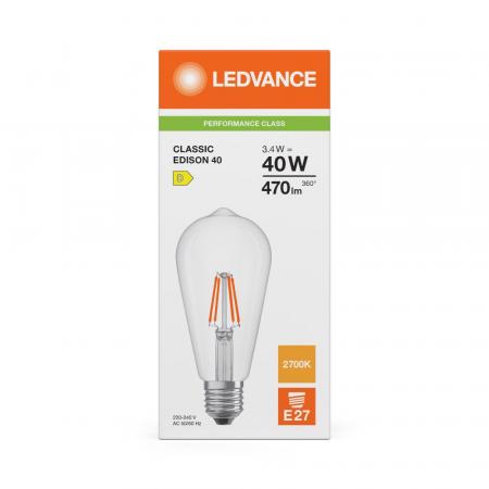 Ledvance E27 LED Kolbenlampe Filament Classic Edison klar 3,4W wie 40W 2700K warmweißes Licht