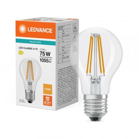 Ledvance E27 CLASSIC A75 Filament LED Lampe klar 7,5W wie 75W 2700K warmweißes blendfreies Licht
