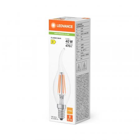 Ledvance E14 LED Kerzenlampe Winsstoßlicht Classic klar BA40 3,4W wie 40W 2700K warmweißes Licht