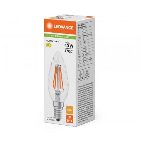 Ledvance E14 LED Kerzenlampe Classic Filament  gedrehte Form 3,4W wie 40W 2700K warmweißes Licht