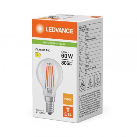 Ledvance E14 LED Tropfenlampe Classic klar 5,9W wie 60W 2700K warmweißes Licht