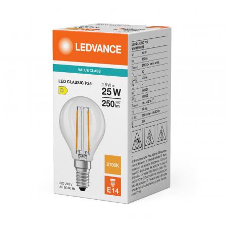 Ledvance E14 LED Classic P 25 Filament Lampe klar 1,8W wie 25W 2700K warmweißes Licht
