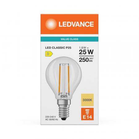 Ledvance E14 LED Tropfenlampe Classic P25 klar 2,5W wie 25W 3000K warmweißes Licht