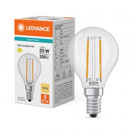 Ledvance E14 LED Tropfenlampe Classic P25 klar 2,5W wie 25W 3000K warmweißes Licht