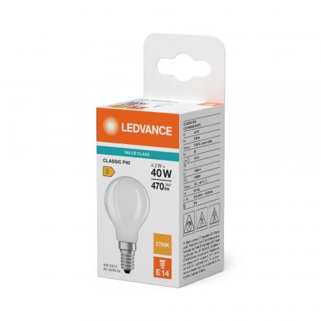 Ledvance E14 LED Tropfenlampe Classic P40 Frosted 4,2W wie 40W 2700K warmweißes Licht