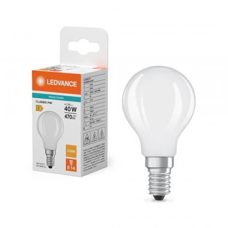 Ledvance E14 LED Tropfenlampe Classic P40 Frosted 4,2W wie 40W 2700K warmweißes Licht